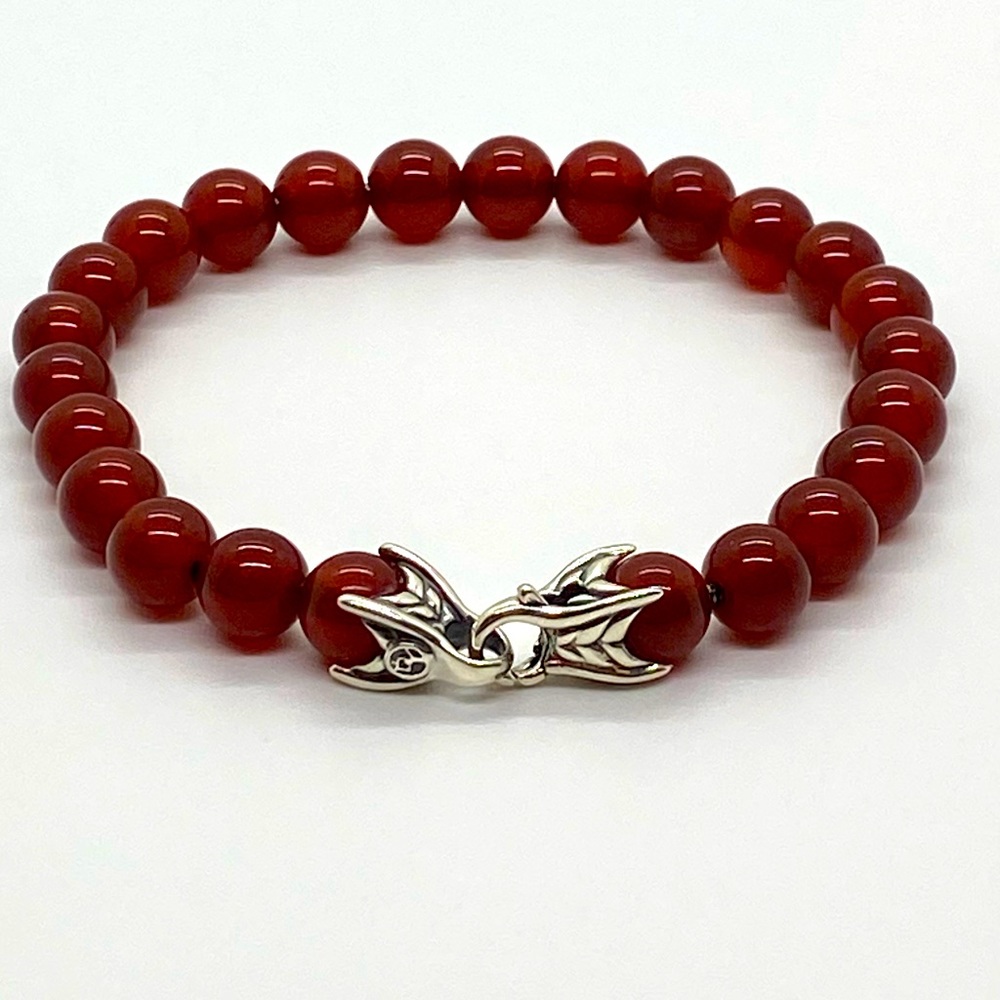 DAVID YURMAN Men's 8mm Carneliian Silver Spiritual Beads Bracelet 8.5”